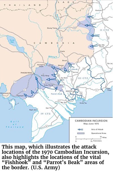 This map, which illustrates the attack locations of the 1970 Cambodian Incursion, also highlights the locations of the vital “Fishhook” and “Parrot’s Beak” areas of the border. (U.S. Army)